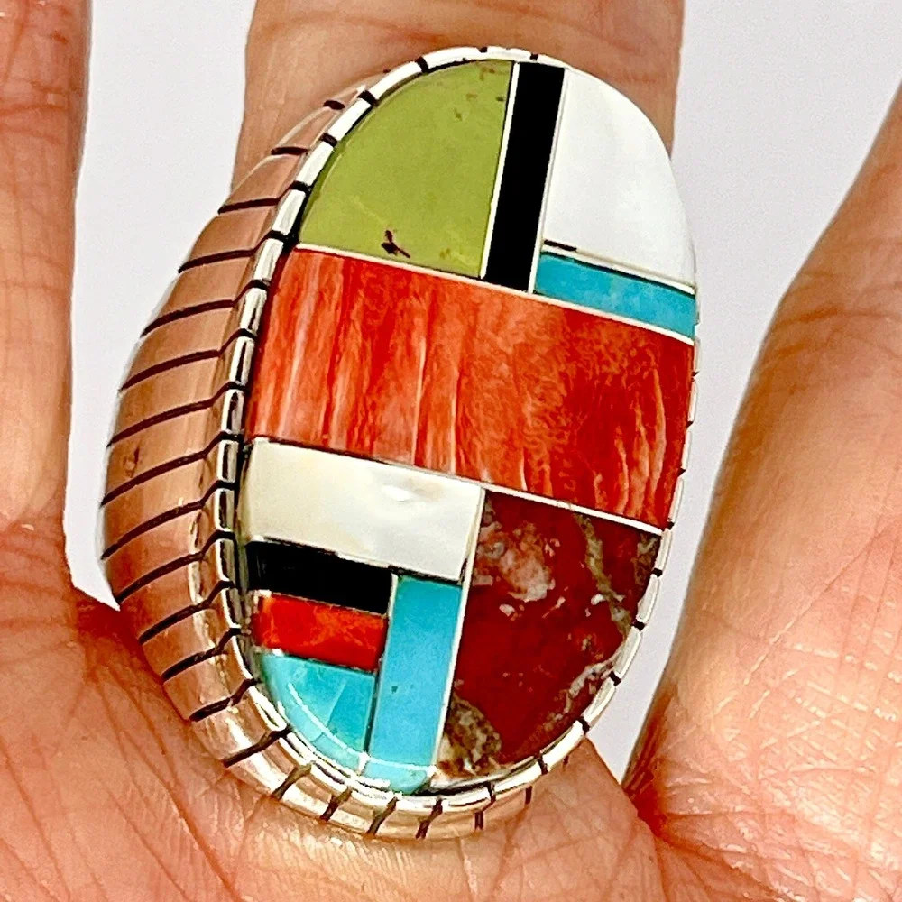 BIG Turquoise Multi Stone Inlay Mens Ring Sz 13 Navajo Sterling Signed Jack 34mm